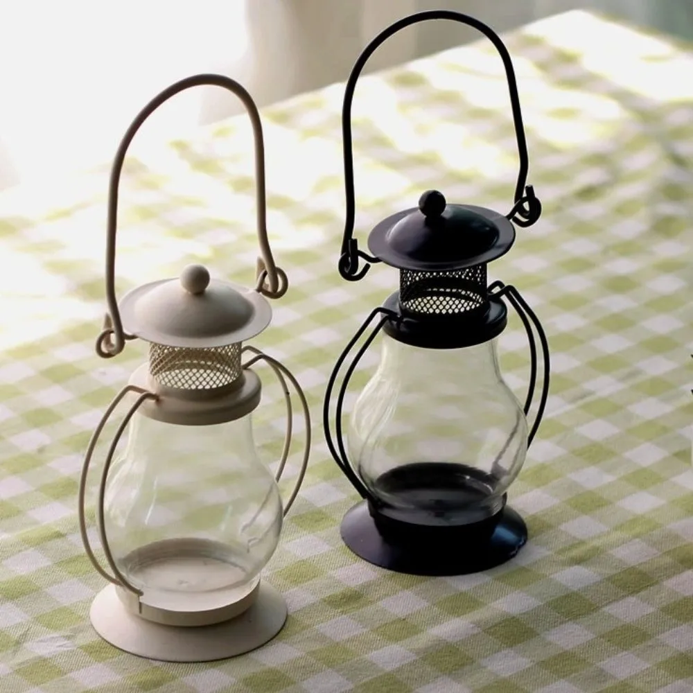 Candles Cover Retro Metal Candlestick with Handle Portable Windproof Lampshade Decorative Camping Candle Light Cafe Shop