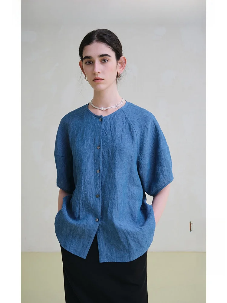 

Ltyp Travel Original 100 Colors Woven Linen Shirt Loose round Neck Bubble Sleeve Women Summer Casual Style Short Sleeve