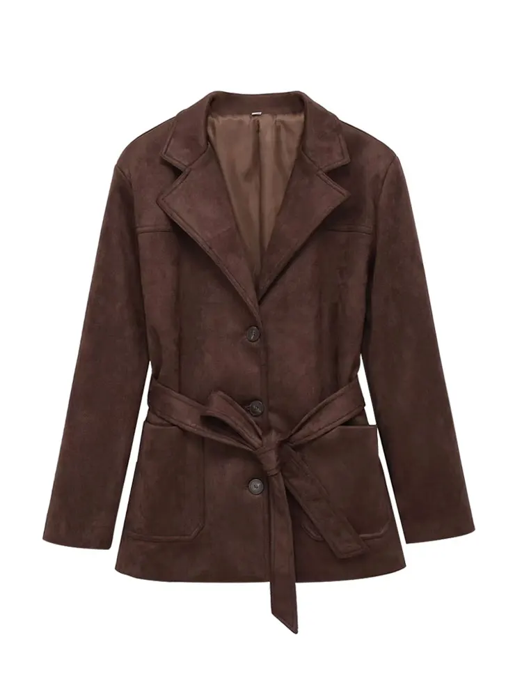 Women's Faux Suede Jacket Coat Long Sleeve Belted Chic Top with Front Button Female Outerwear Fashion