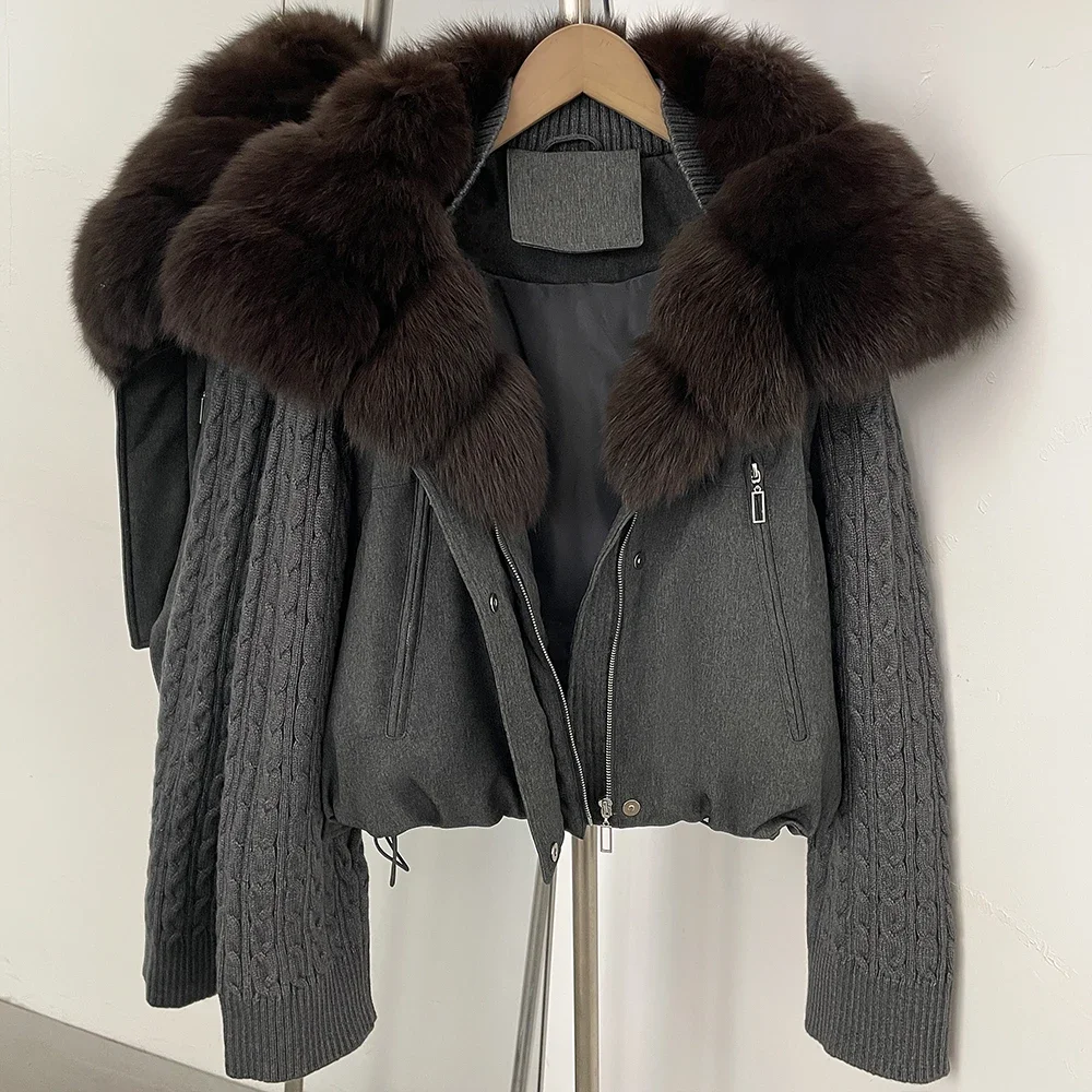 OFTBUY Cable Knit Sleeve Zipper Drawstring Hem Cropped Coat 90 White Duck Down Jacket Women Cozy Warm Winter Real Fox Fur Collar