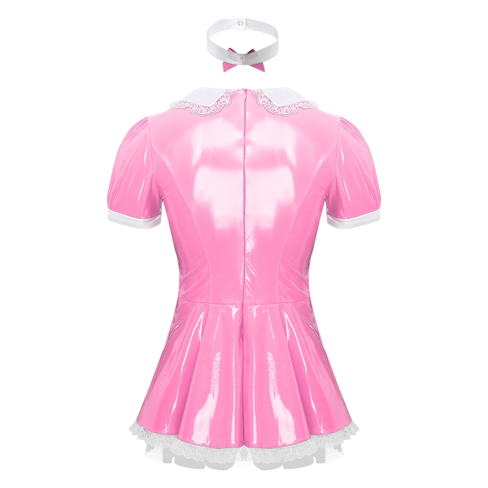 Men Sexy Maid Uniform Short Sleeve Patent Leather Lace Trim Sissy Dress with Neck Ring Crossdresser Servant Cosplay Costume