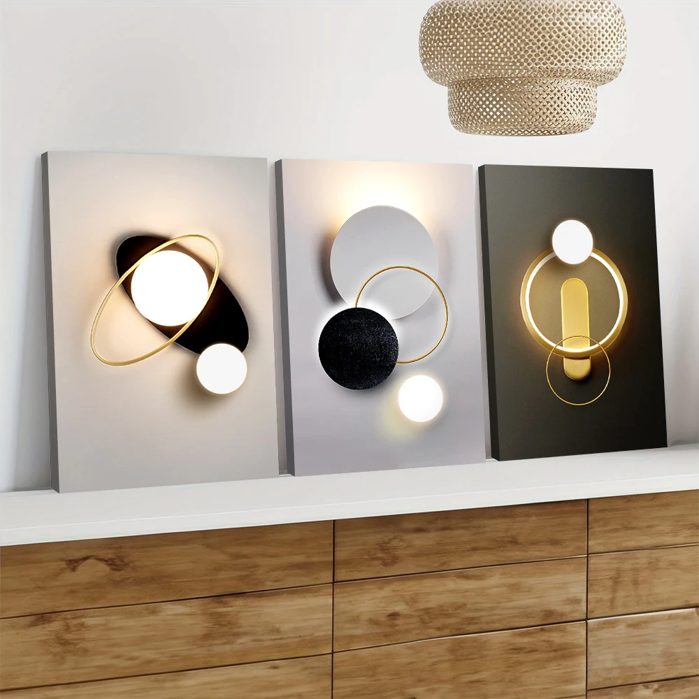3 Pieces of Modern Minimalist LED Luminous Canvas Decorative Paintings, Creative Planet Ring Design, Living Room, Bedroom, Entra
