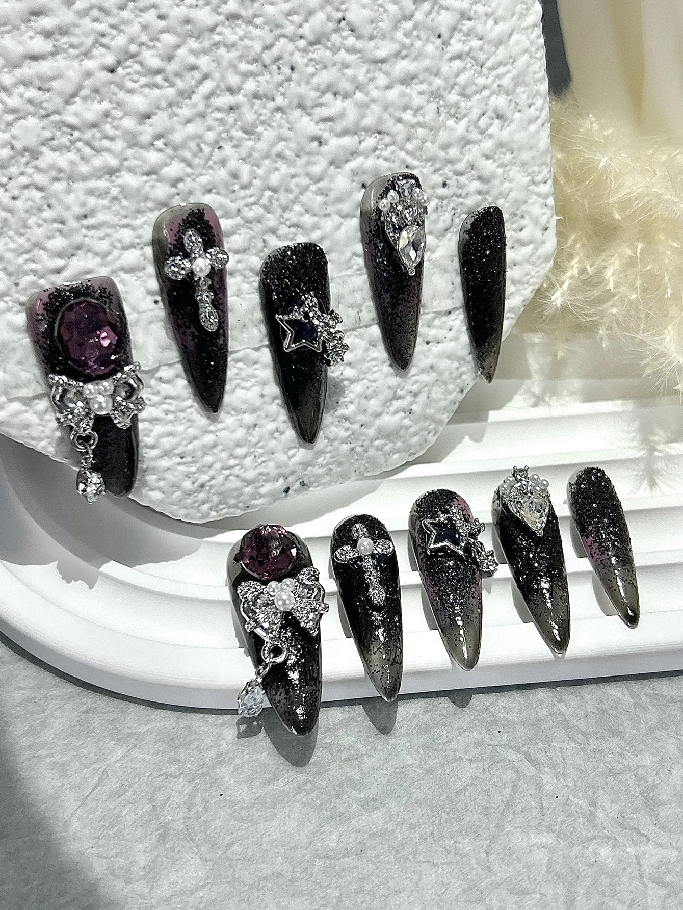 10 pièces de luxe dégradé épices filles noir violet à la main presse sur les ongles arc étoile croix diamant faux ongles amovibles réutilisables