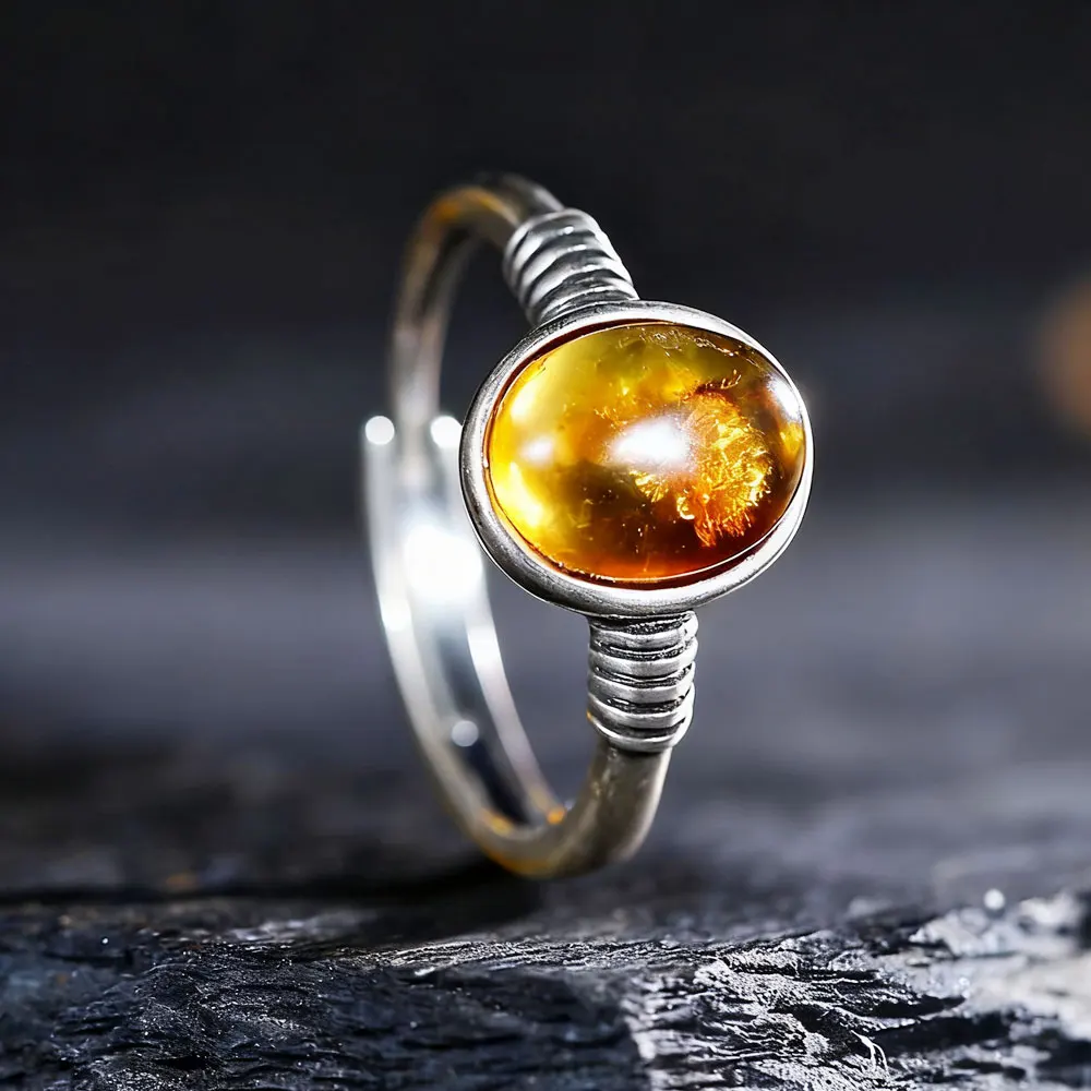

Natural Amber 925 Sterling Silver Ring Paired With 8 * 6mm Natural Resin High-end Elegant Jewelry Gift, For men's Women's Rings