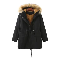 YJKDYK 2024 Winter Women's Padded Jacket Female Fur Collar Hooded Thicken Warm Jacket Women's Plus Velvet Cotton Jacket