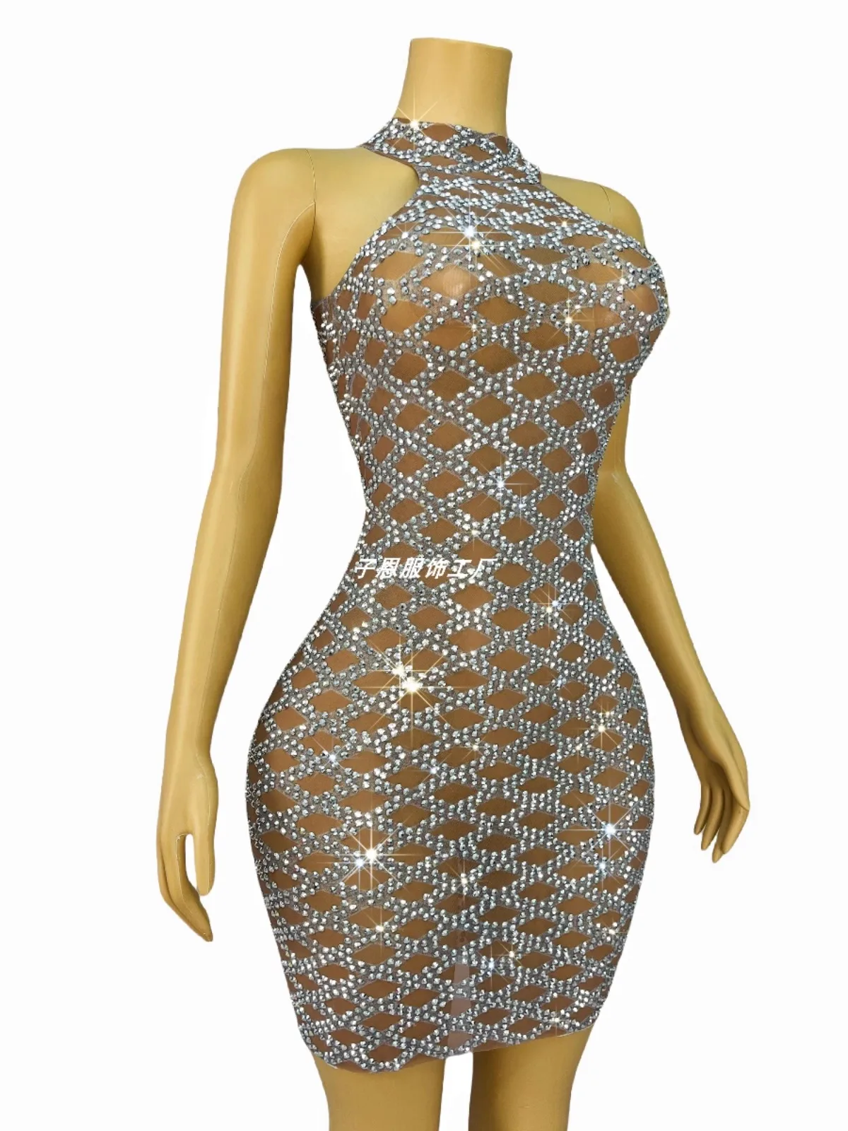 Fashion temperament crystal diamond slim mesh dress cocktail party evening dress