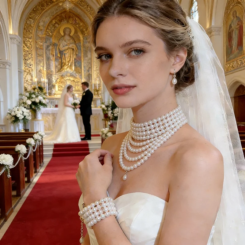 1/2 Pcs Multi-layer Imitation Pearl Chokers Necklaces Set Bride French Elegant Bracelets Dinner Dress Party Wedding Jewelry A1