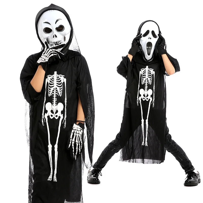 2024 New Halloween Party Cosplay Children Adult Death Black Cloak Cloak Halloween Skull Skeleton Ball Costume Prop Set