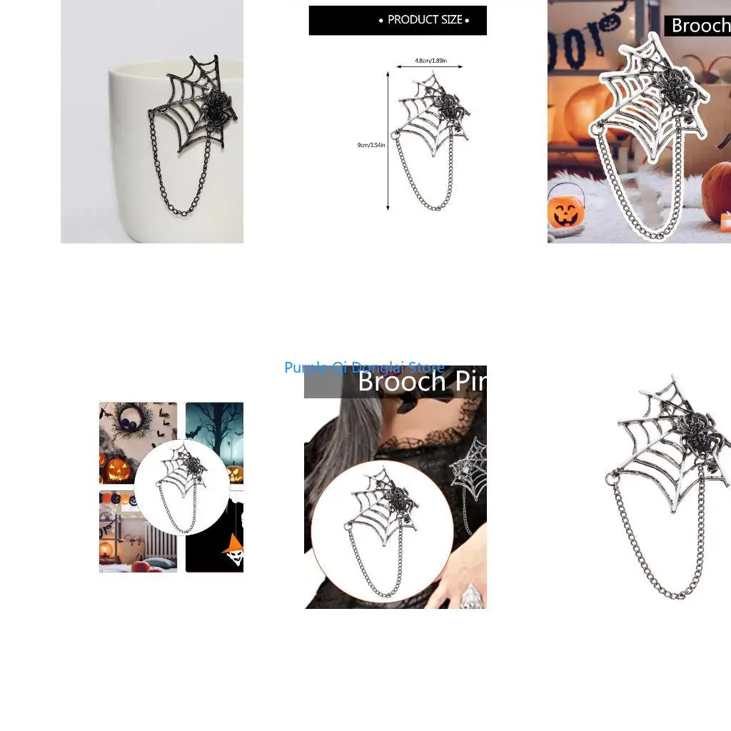 L21E Spiders Brooch Pin with Chain, Punk Spiders Net Lapel Pin Brooch for Women Men