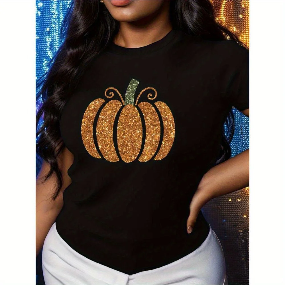 Plus Size Glittery Pumpkin Illustration Pure Women'S Tshirt Comfort Fit 0XL-4XL