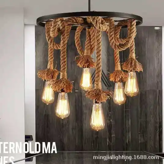American Country Retro Living Room Bar Restaurant Wheel Hemp Rope Wrought Iron Shop Cafe Club Chandelier