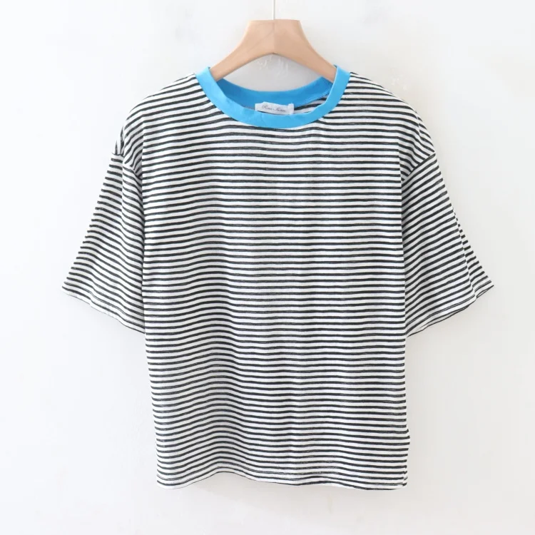 

Summer New round Ne Oversized Slimming Easy to Match Women Commute Casual Striped ort Sve T-irt Cotton Polyester Blend