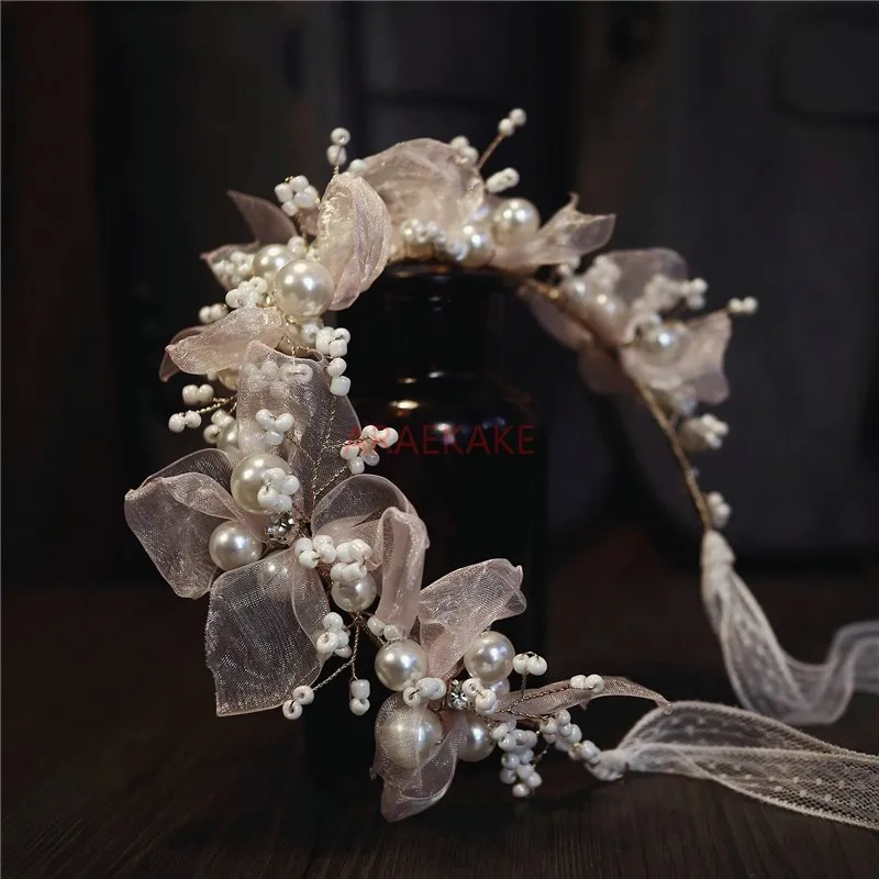 

Light pink pearl flower headband, bride's headpiece, sweet silk floral wreath, broken flower branches, bow accessories