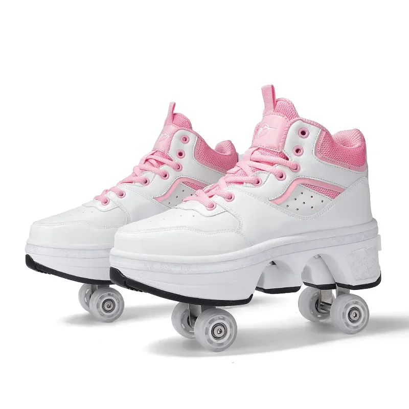 Deformable Four-wheel Walking Shoes Shrink Convenient High-top Skating Wheel Sneakers Microfiber Comfort Roller Skates