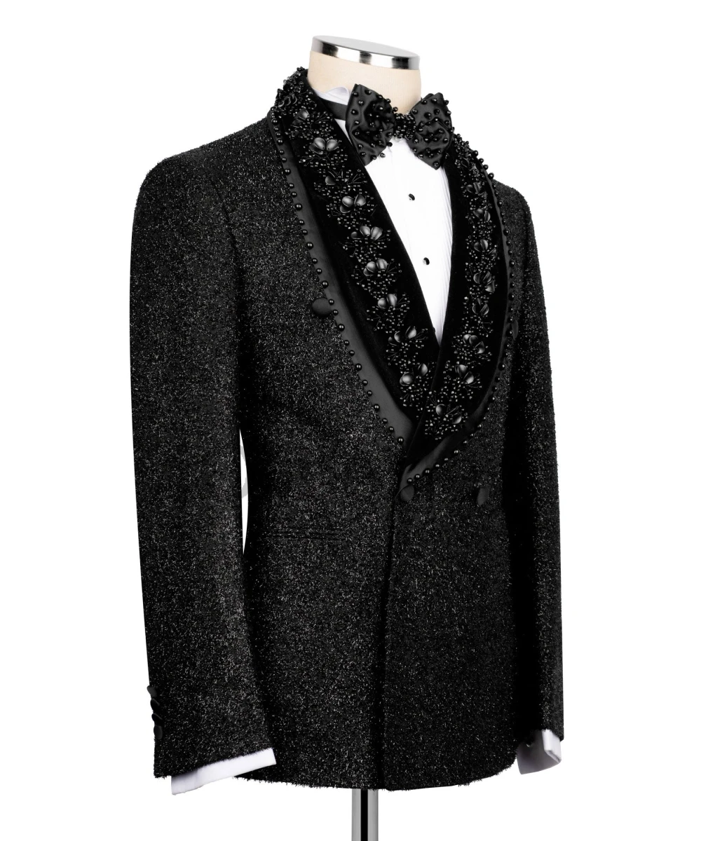 Olibexley 2027 Black Men Suits 2 Pieces Sets Beaded Diamond Wedding Groom Tuxedos Jacket Male Prom Party Blazers Customized S296