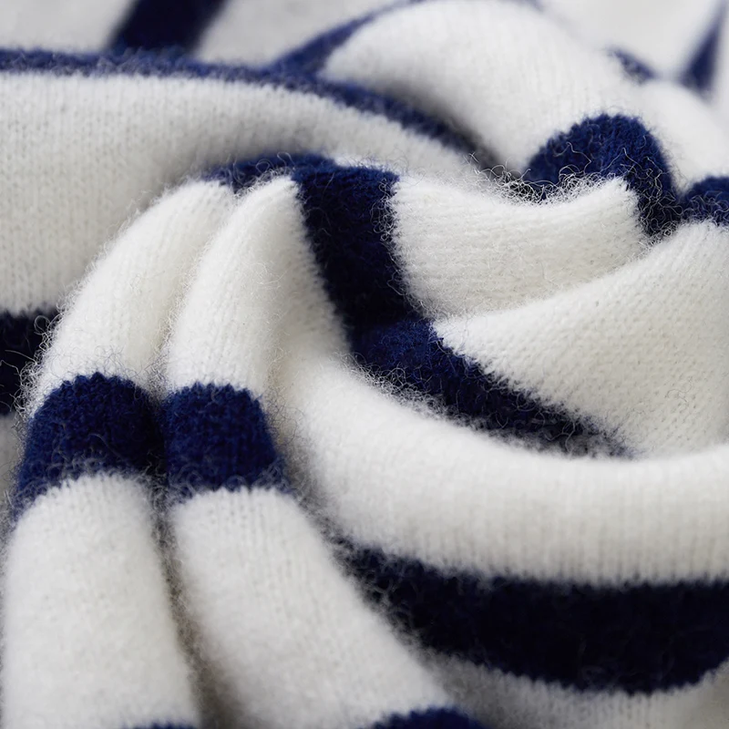 100% de lana merina con cuello redondo, suéter a rayas con bloques de Color, jersey suave de manga larga, ropa de Cachemira, Top cálido y cómodo