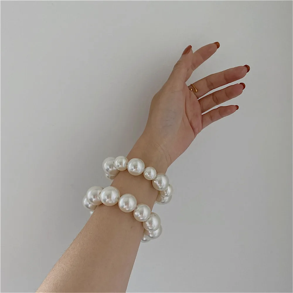 Fashion White Pearl Beaded Hair Rope French Elegant Bracelet Hair Scrunchies Women Girls Elastic Ponytail Bun Hairband Headwear