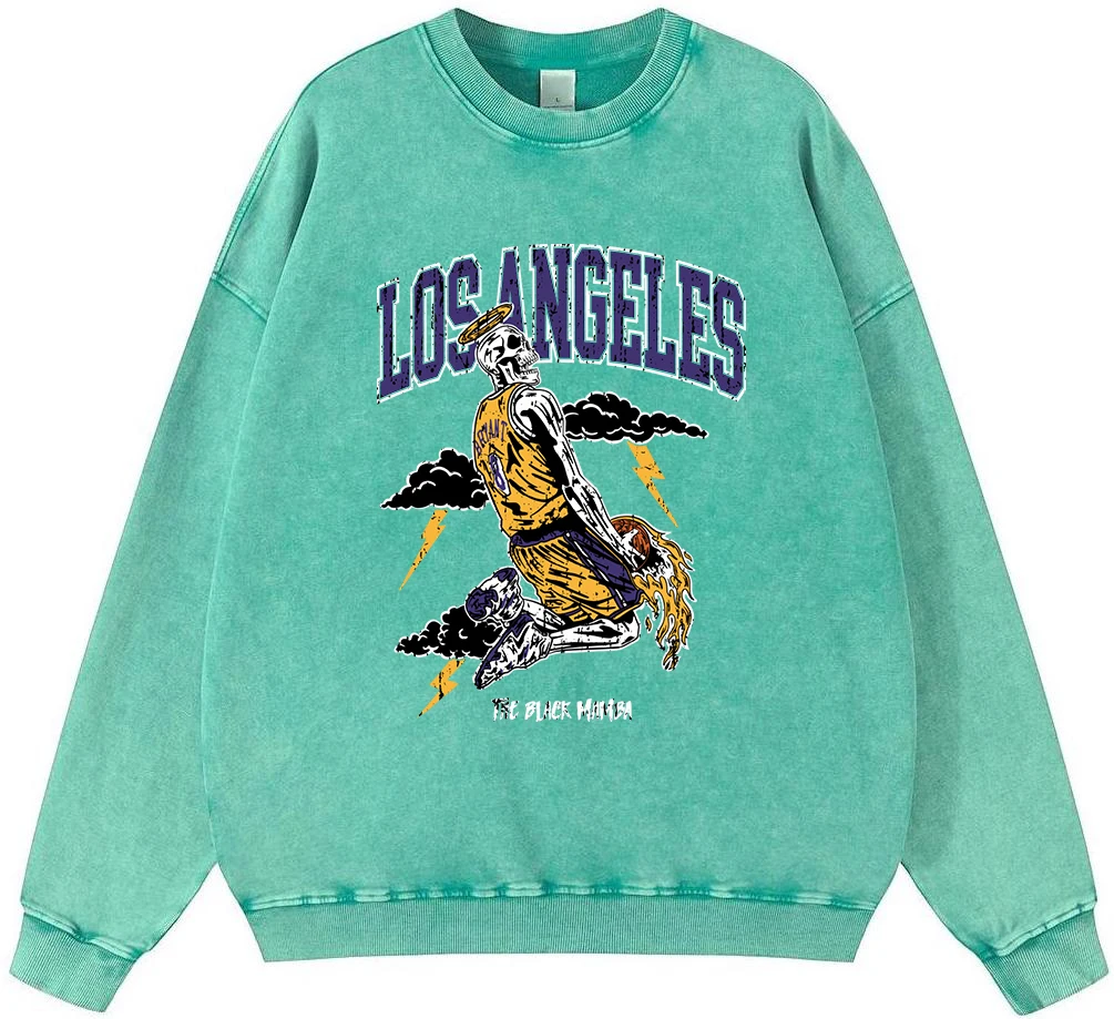 

Los Angeles Skeleton Basketball Player Mens Vintage Washed Cotton Sweatshirt Fashion Soft Pullover Sweatshirts Loose Casual Warm