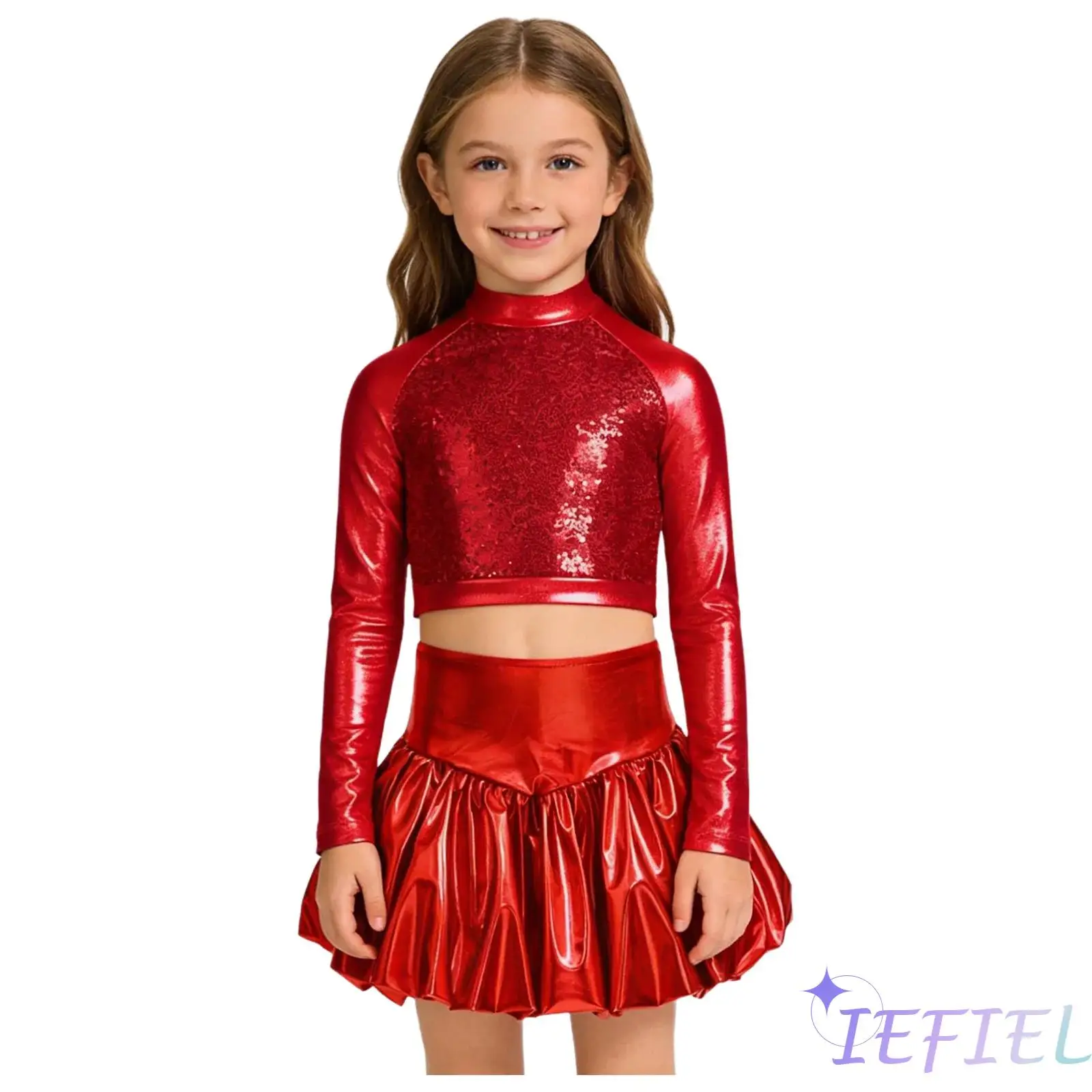 

Kids Girls Jazz Street Dance Performance Outfit Mock Neck Long Sleeve Sequin Metallic Crop Top with Shiny Bubble Skirt Set