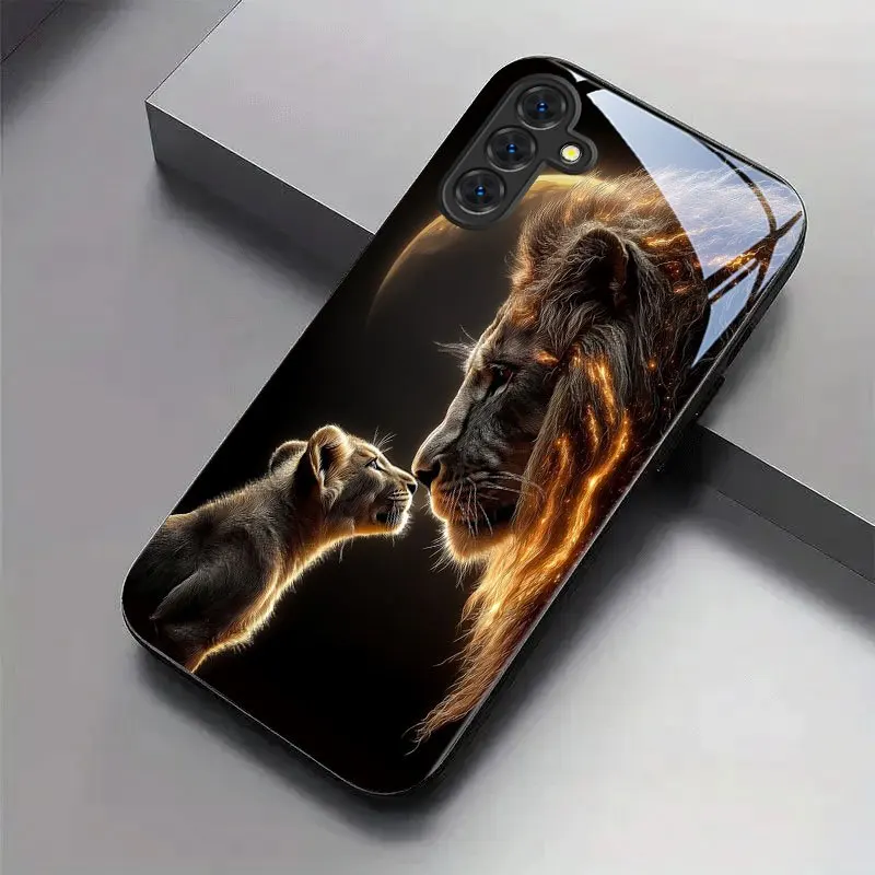 Jin Daxiao Lion patterned glass phone case suitable for Samsung Galaxy S26 S25 S24 S22 S21 S20FE/Ultra/Plus anti drop back cover
