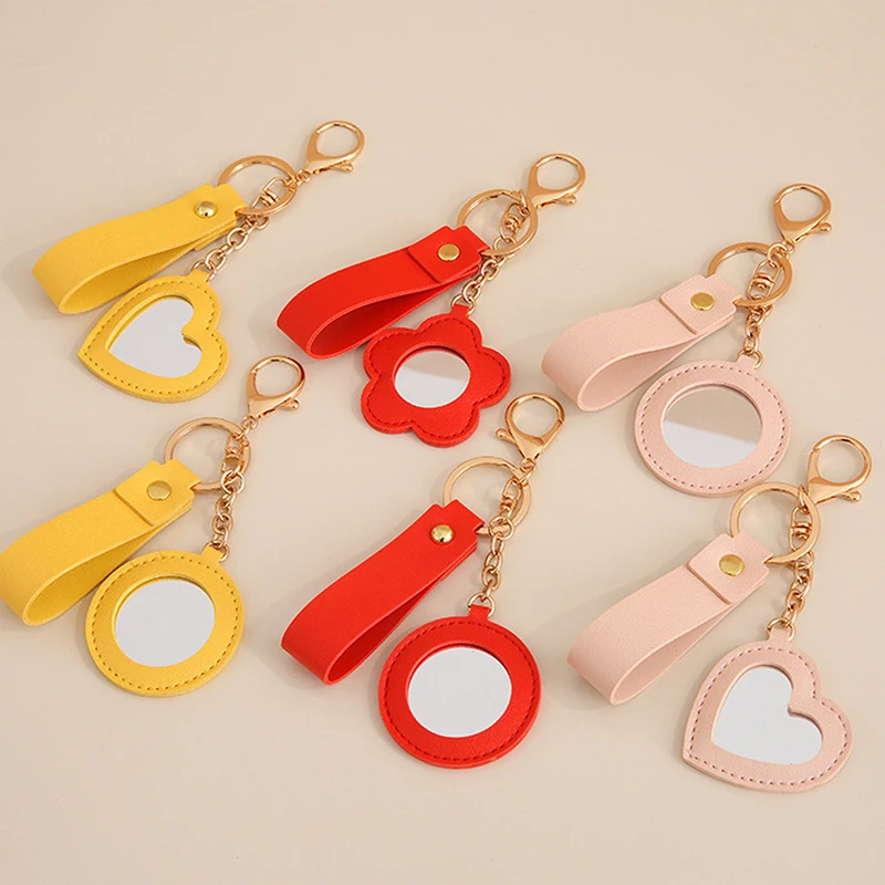 

Creative PU Leather Flower Heart Round Shape Keychain Mini Makeup Mirror Bag Hanging Ornament Car Trinket For Women Girls Gift