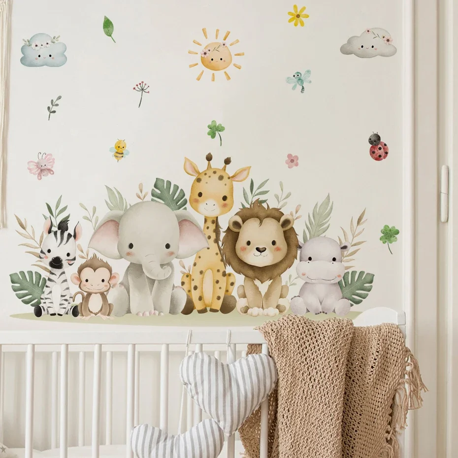 Watercolor Animal Wall Decals Featuring Elephant Giraffe Monkey Amid Tropical Foliage Ideal for Nursery Bedroom Playroom Decor E