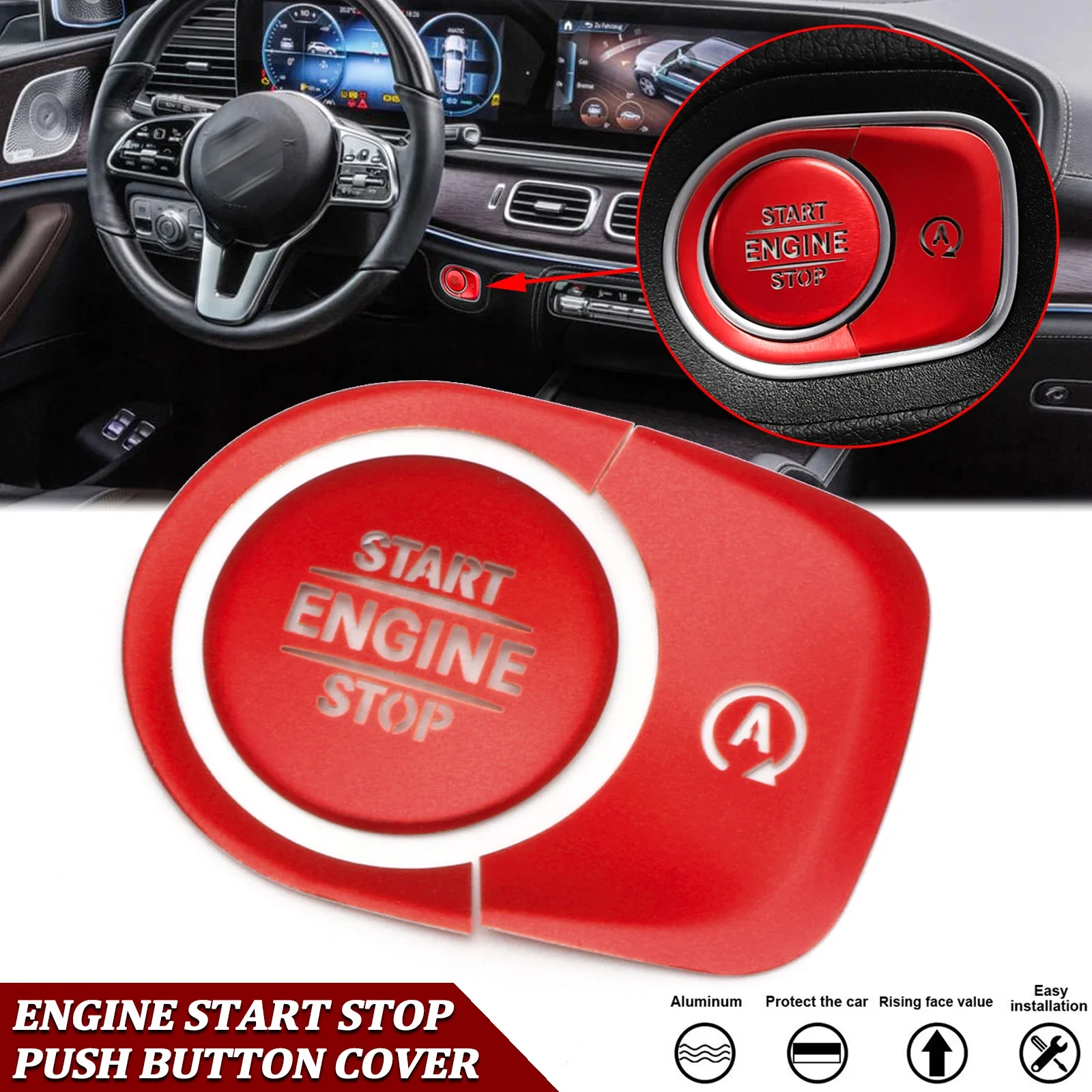 Red Engine Start Stop Push Button Cover+Surrounding Ring Trim+Auto On/Off Switch Cover Sticker For Mercedes W167 2019-up X167