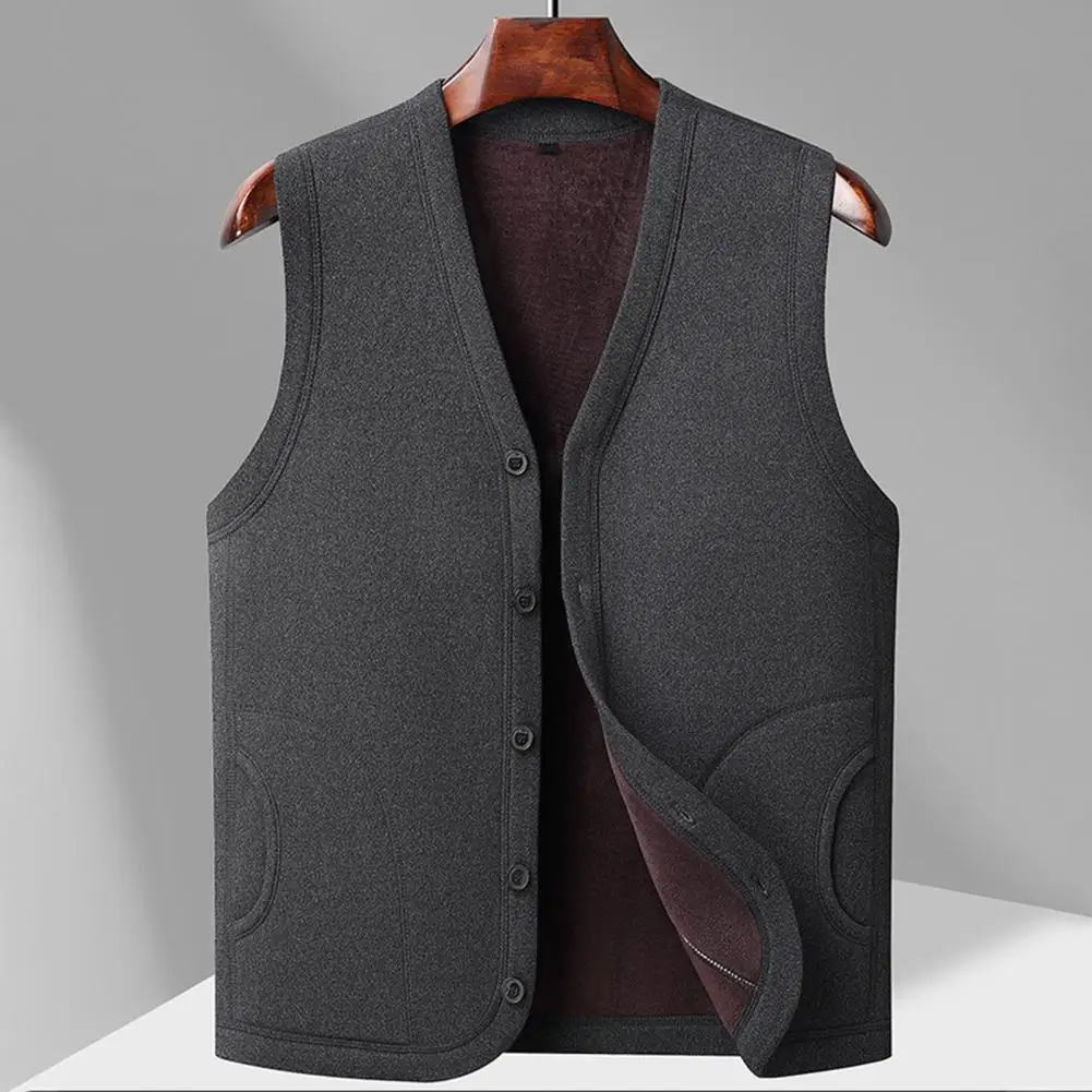 Men Waistcoat winter warm Vest Coat V-Neck Sleeveless Single Breasted Waistcoat Solid Thickened Velvet Lining Coldproof Vest