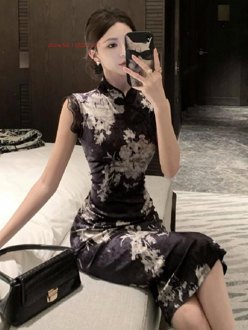 

2025 chinese improved cheongsam sexy qipao national flower print sleeveless velvet qipao dress nightclub evening banquet dress