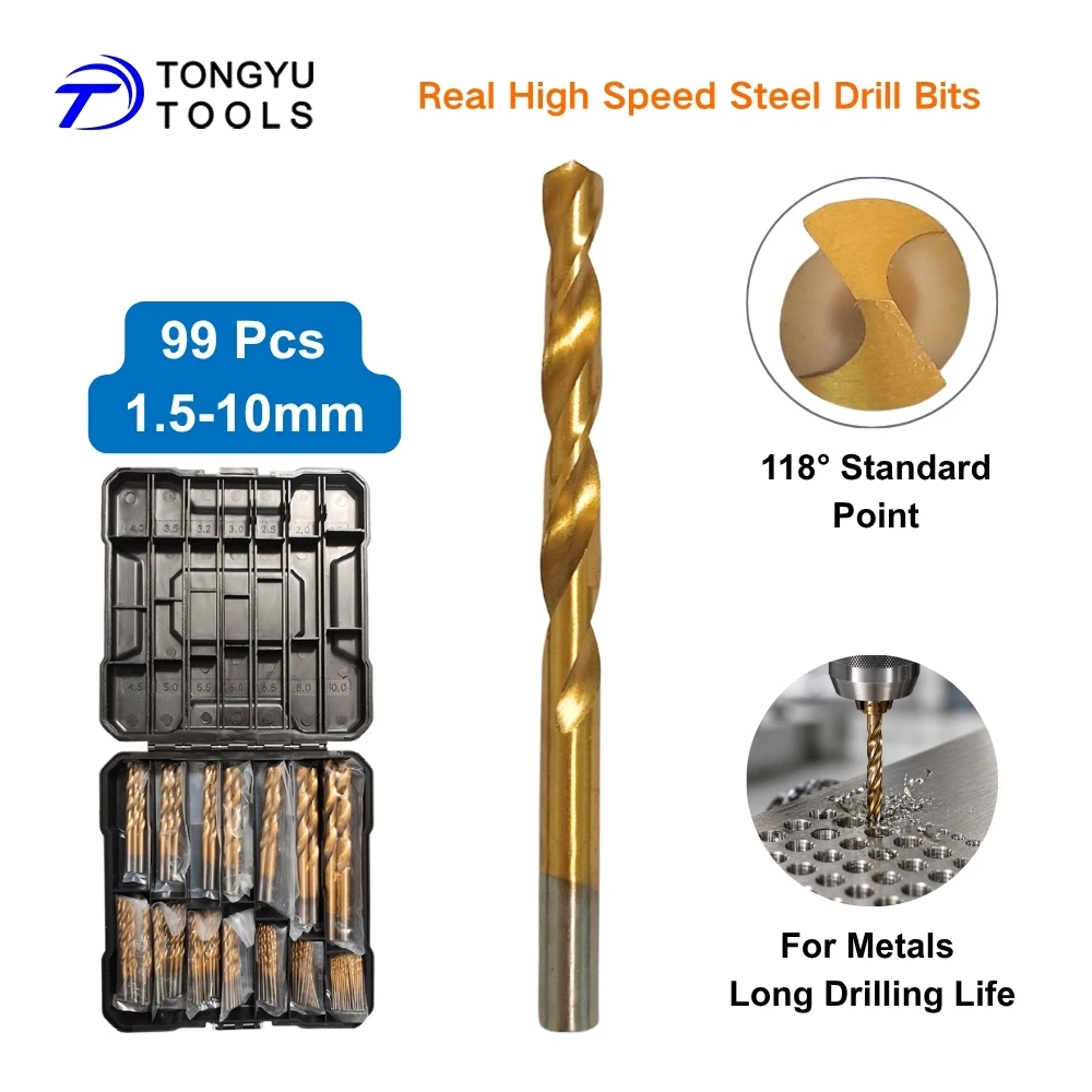 99Pcs HSS Drill Bit Set 1.5-10mm Titanium Coated 4241 Twist Drill Bits for Metal Wood Plastic DIY Repair