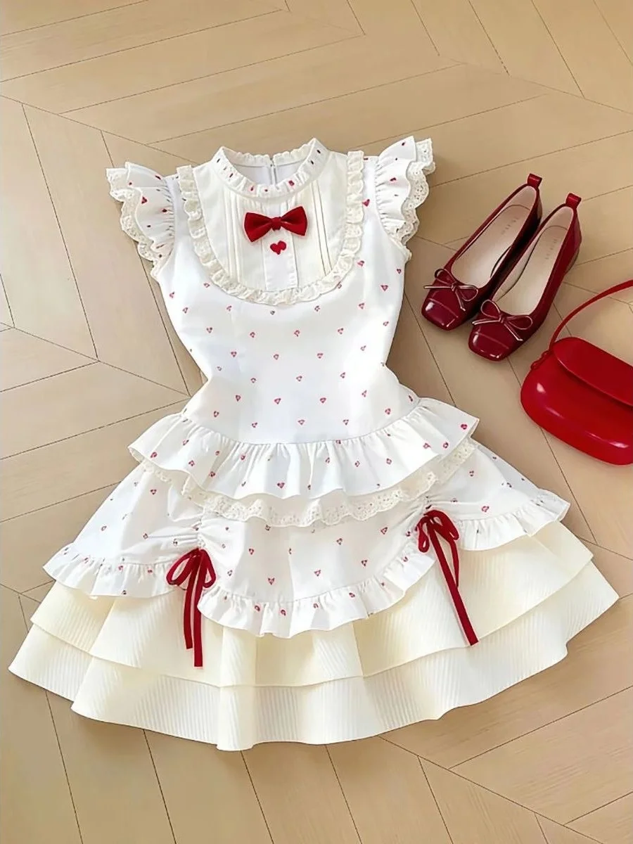 

Adorable Sweet Princess Style Fly Sleeve Dress Summer Slim Fit High Waist Beautiful Waist Cinched Charming Short Cake Skirt