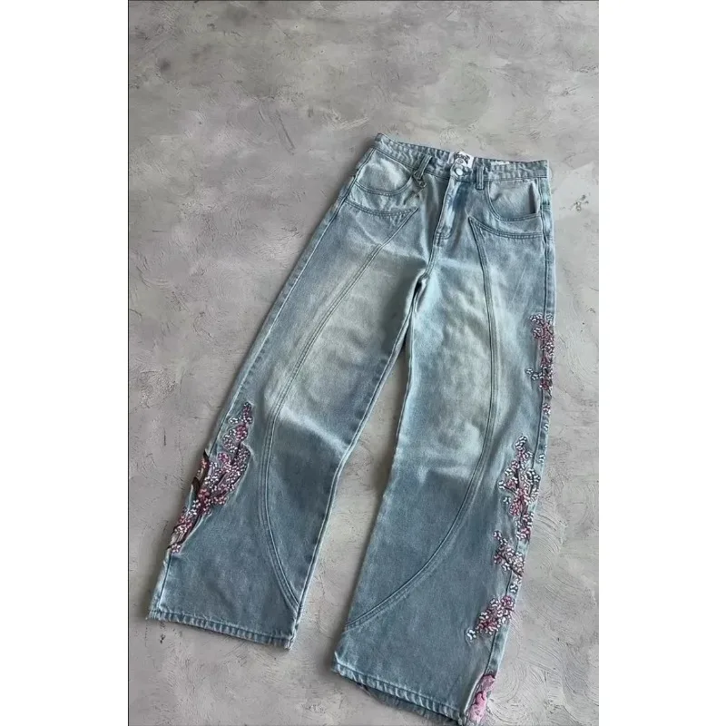 

Blue Wash Jean Men Clothing Streetwear Vintage Cherry Blossom Black Knight Embroidery Jeans Y2k Retro Baggy Straight Denim Pants