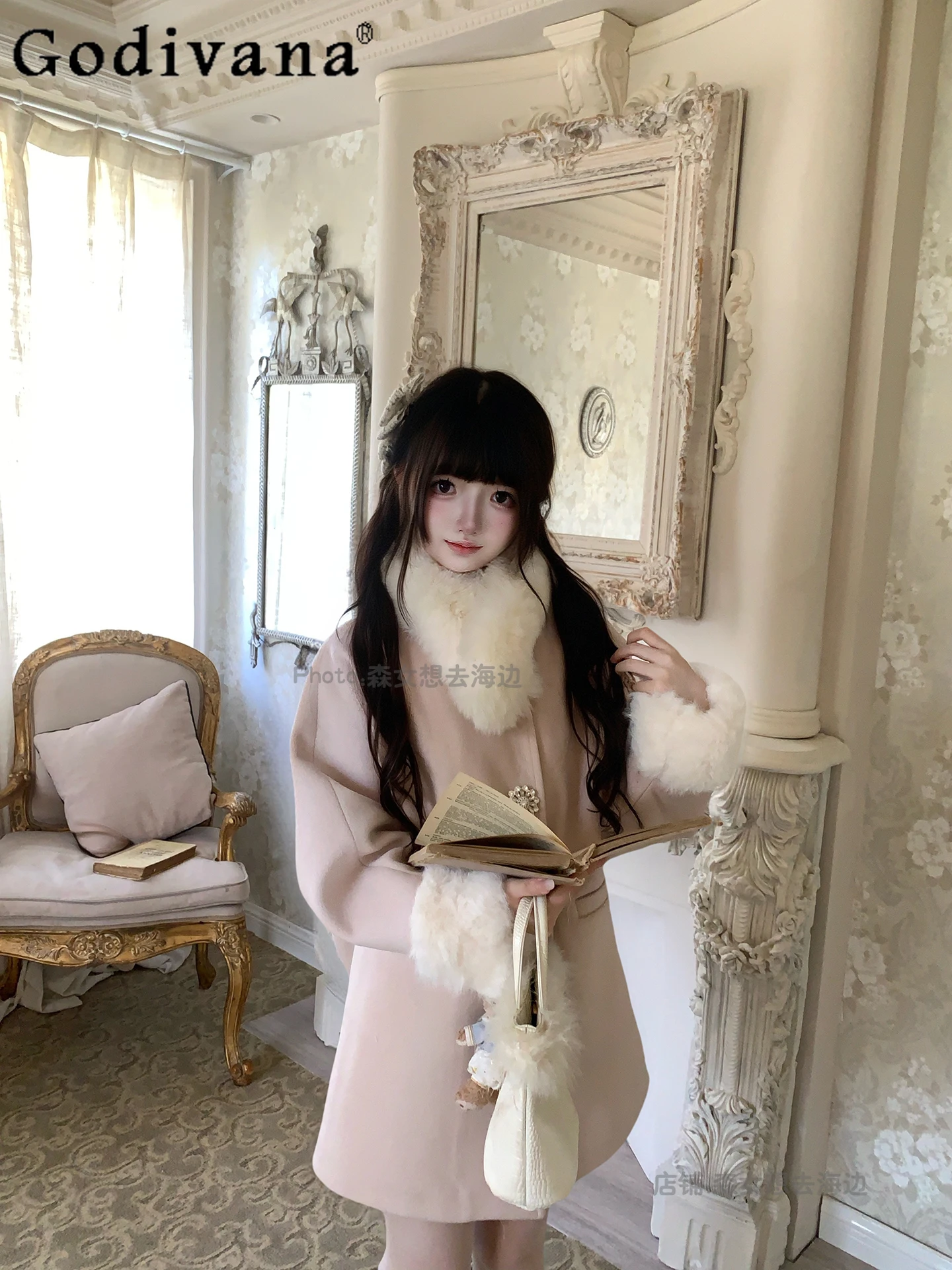 

Japanese Original Lolita Sweet Girl Coat Doll Feel Winter Thickened Warm Pink Cute Woolen Coat