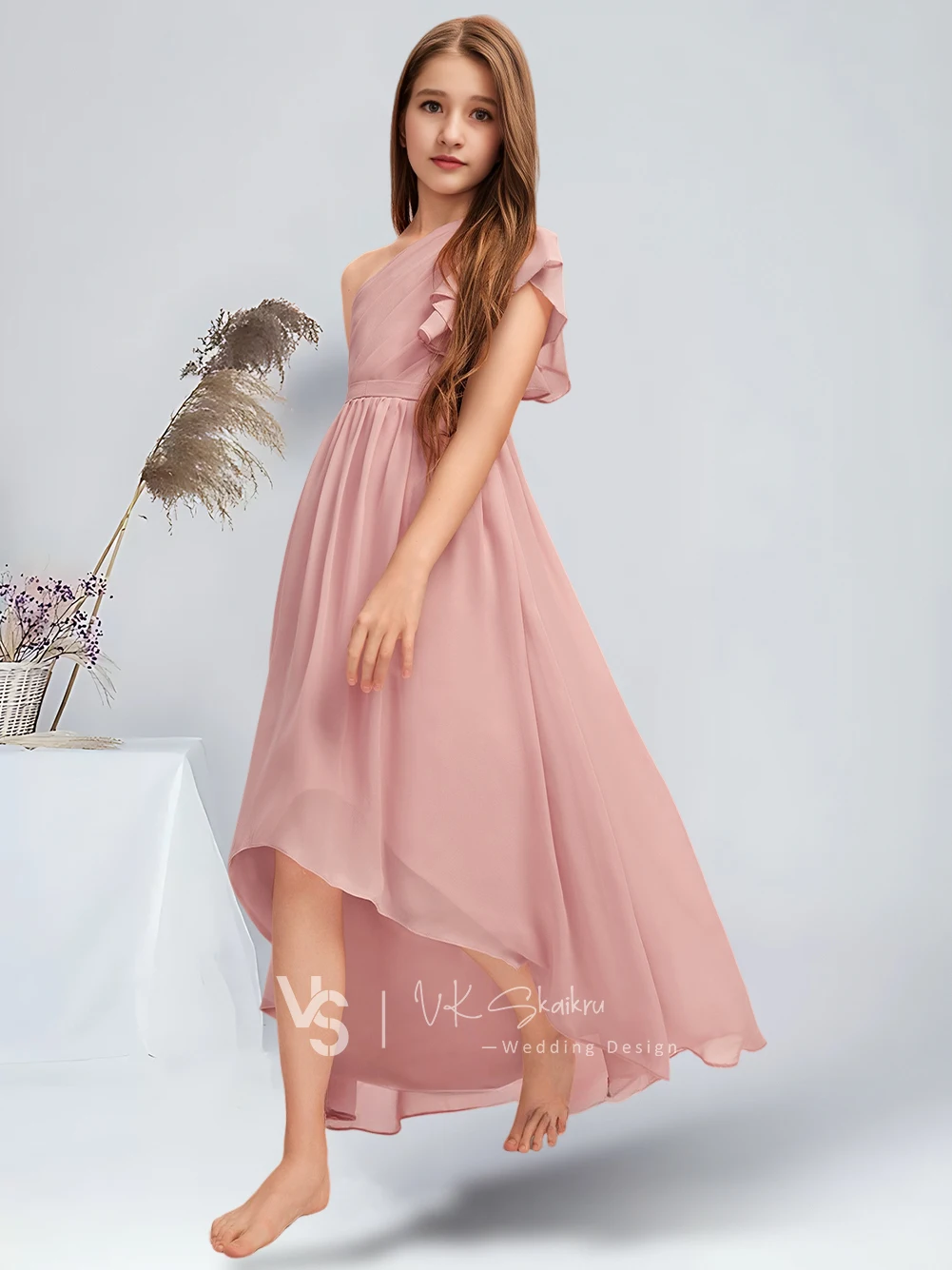 WWA A-line One Shoulder Asymmetrical Chiffon Junior Bridesmaid Dress Blush Flower Girl Dress for Wedding Party Dresses For Teens