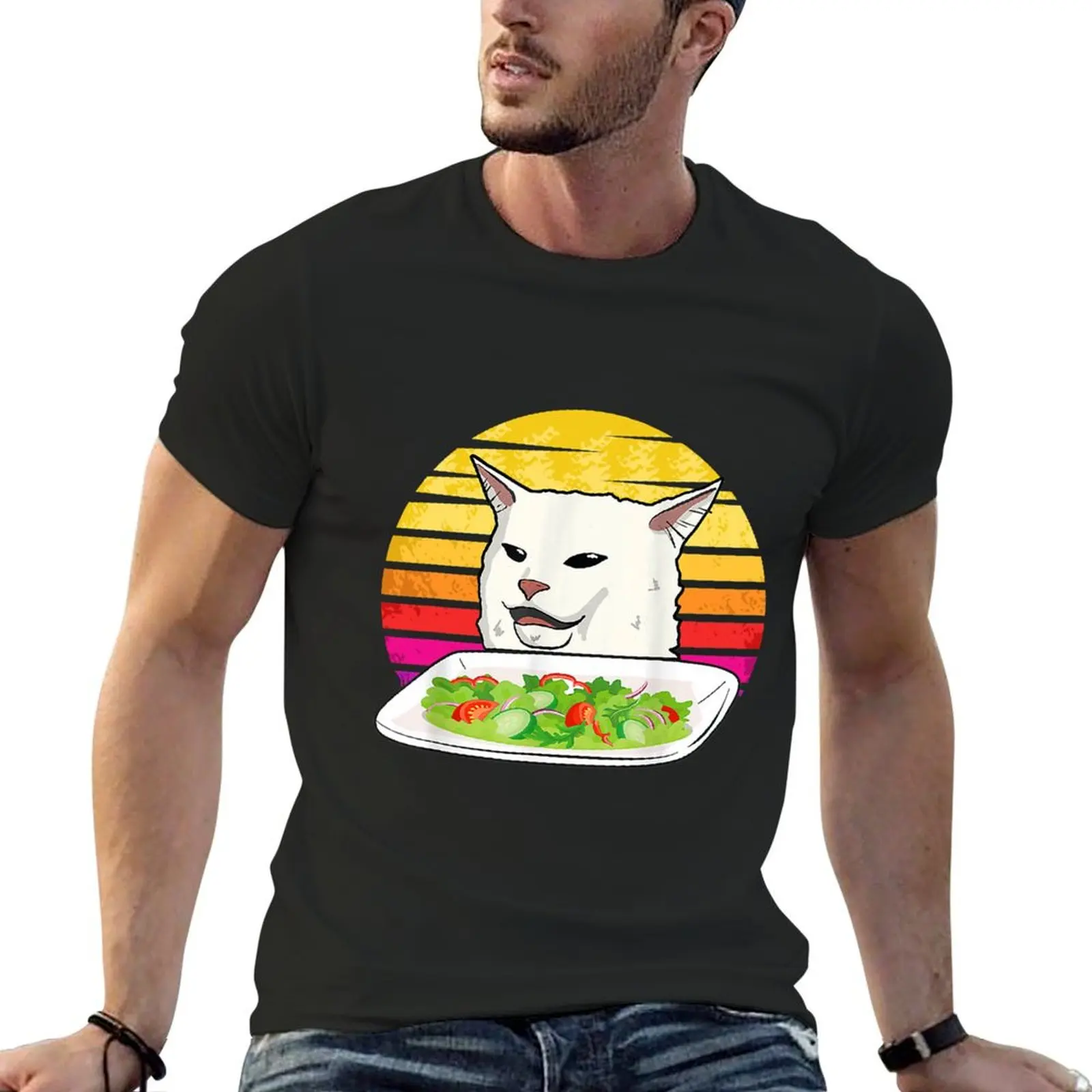 Angry women yelling at confused cat at dinner table meme T-Shirt plus size clothes blacks workout shirts for men