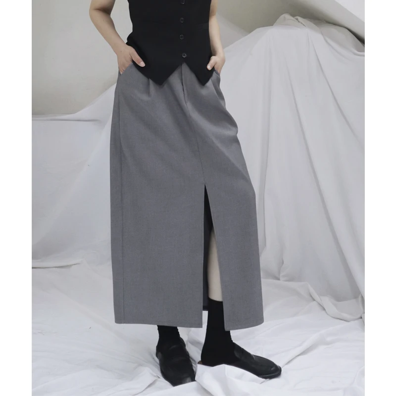

Handmade Summer Loose Straight Tube Skirt Elastic Waist Light Grey Versatile Front Slit Breathable Women's Premium Fashion