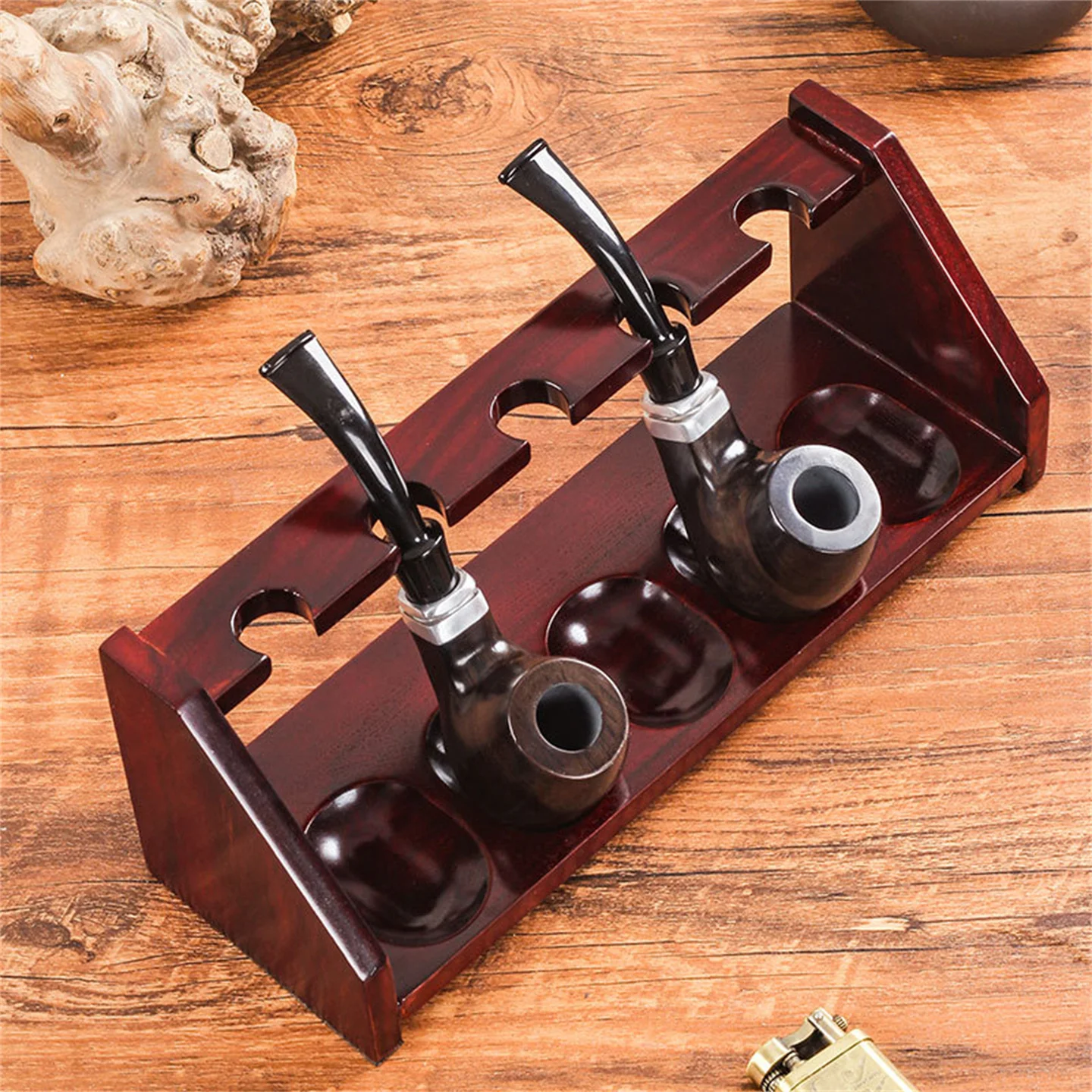 

5 Slot Rosewood Pipe Stand, Solid Hardwood Tobacco Pipe Display Rack Organizer, Handcrafted Wooden Pipe Holder For Desk