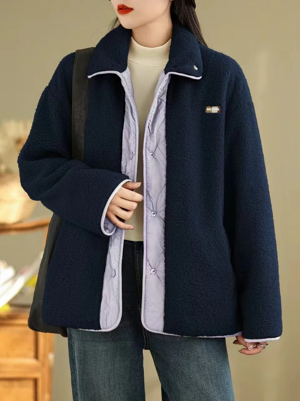 

Retro Sle Long Sve Lamb Fur Cotton Jaet Women's Two-Way Wear Collar Design Autumn Winter New Arrival Faion Oute...