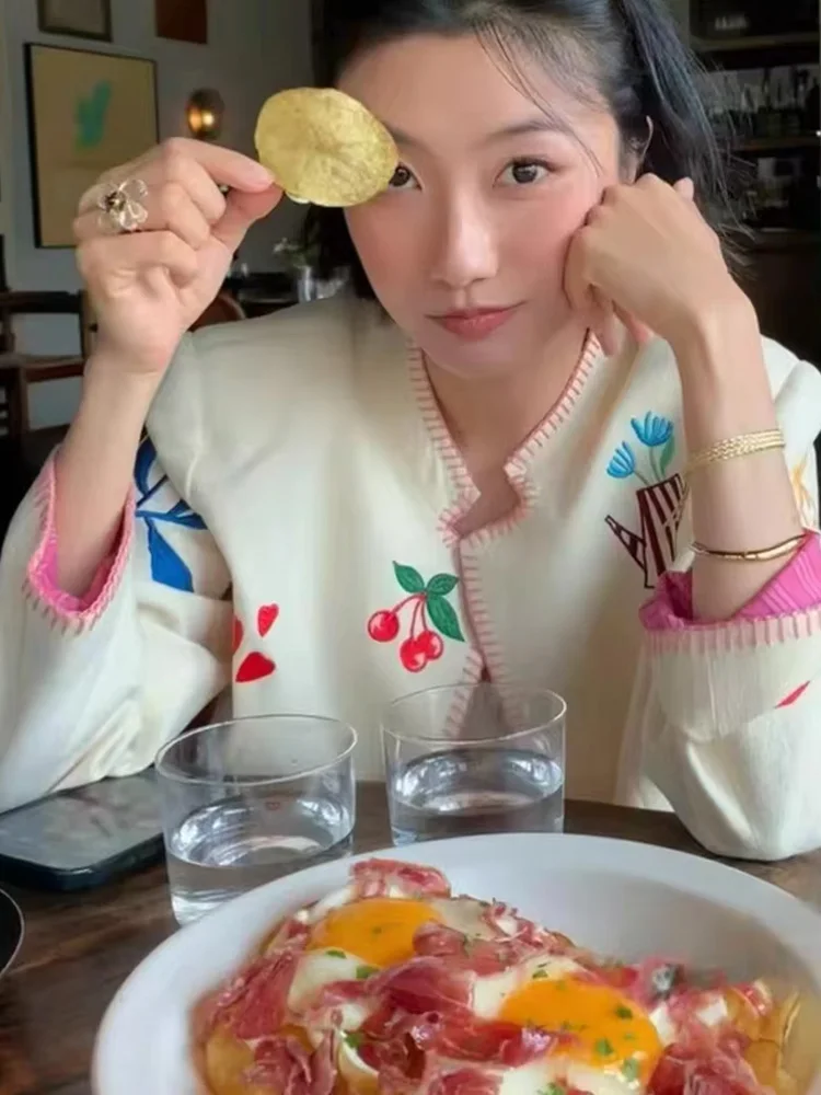 

HH Осенняя женская модная куртка с вышивкой и длинными рукавами, винтажная яркая нить, декоративное милое пальто с круглым вырезом, милый кардиган