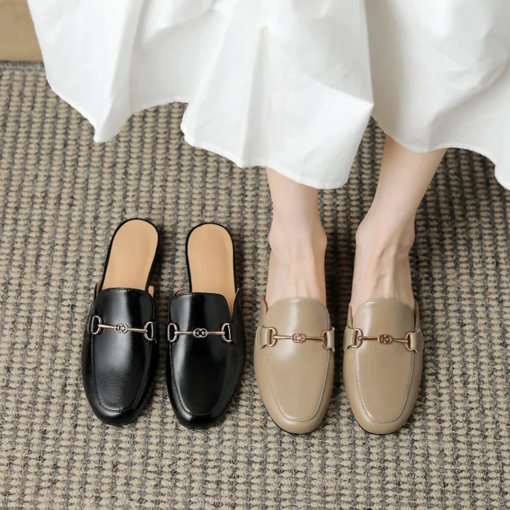 

2026 New Genuine Leather Shoes Women Mules Slipper Cover Toe Elegant Slippers Summer Simple Casual Loafers