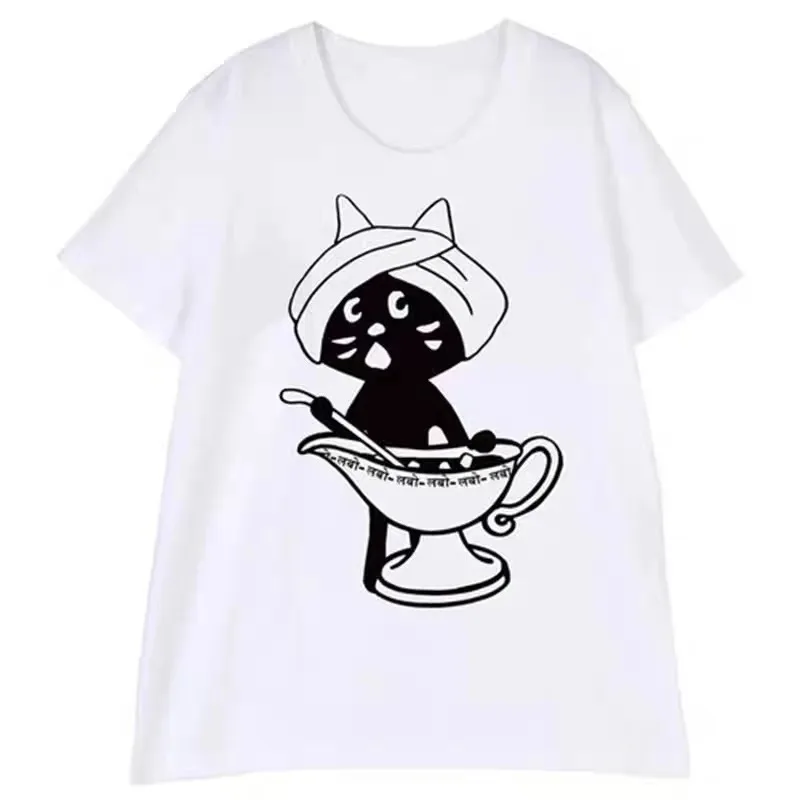 Japanese-style Cute Trend Surprise Cat Cartoon Short-sleeved T-shirt Made of Pure Cotton and Loose Fit