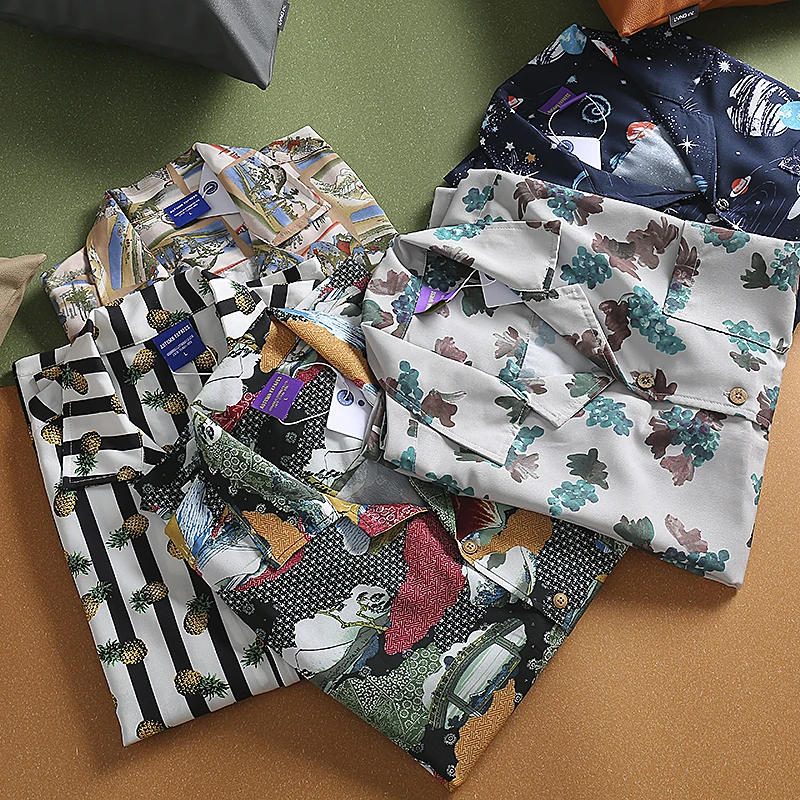 

Loose Cuban Collar Long Sleeve Shirt Men's Fashion Personalized Print Spring Season Casual Comfortable Fit Youth Trend