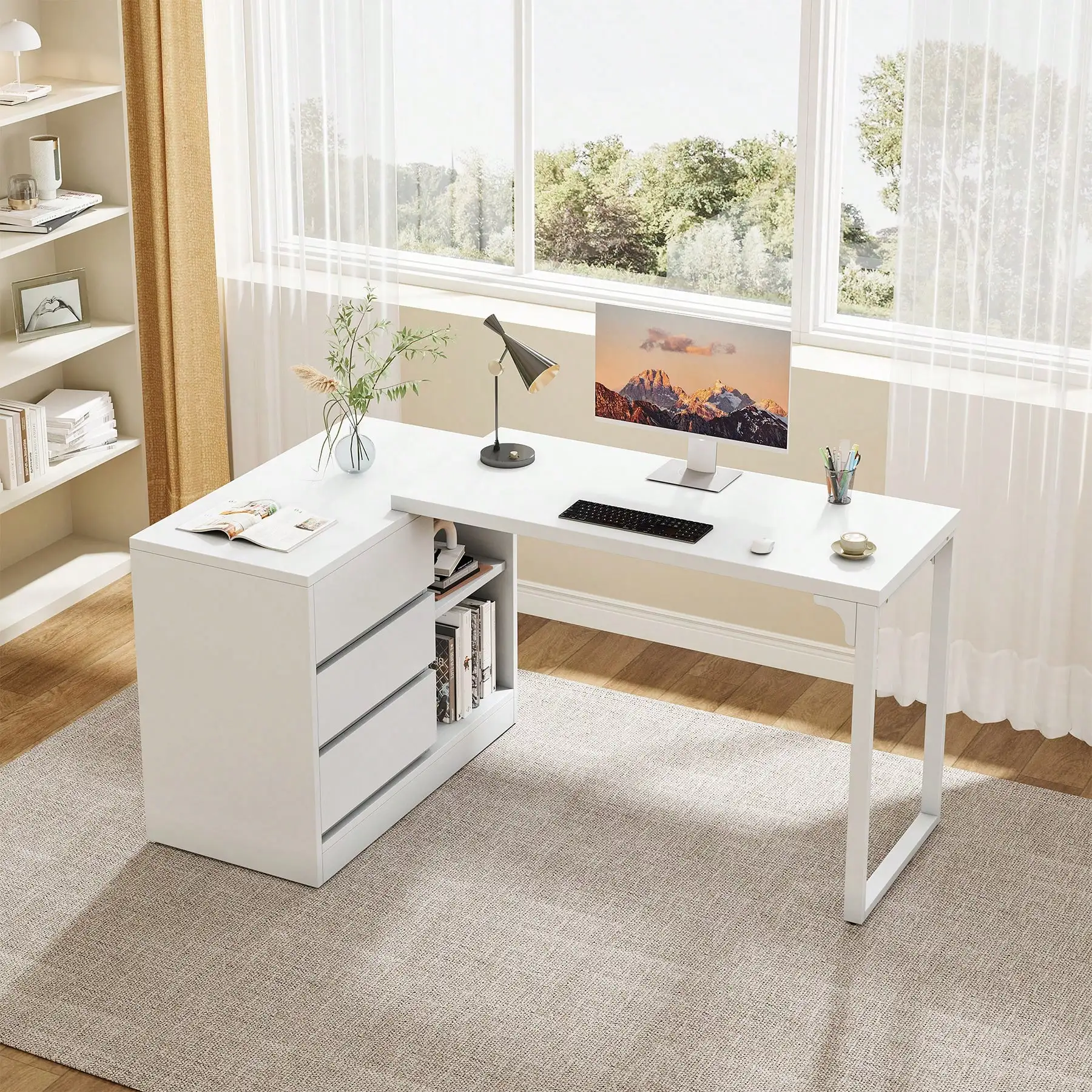 Tribesigns L-Shaped Computer Desk With Drawers And Shelves, Reversible White Corner Office Desk With Storage Cabinet, Modern Study Writing Table For Home Office, Bedroom