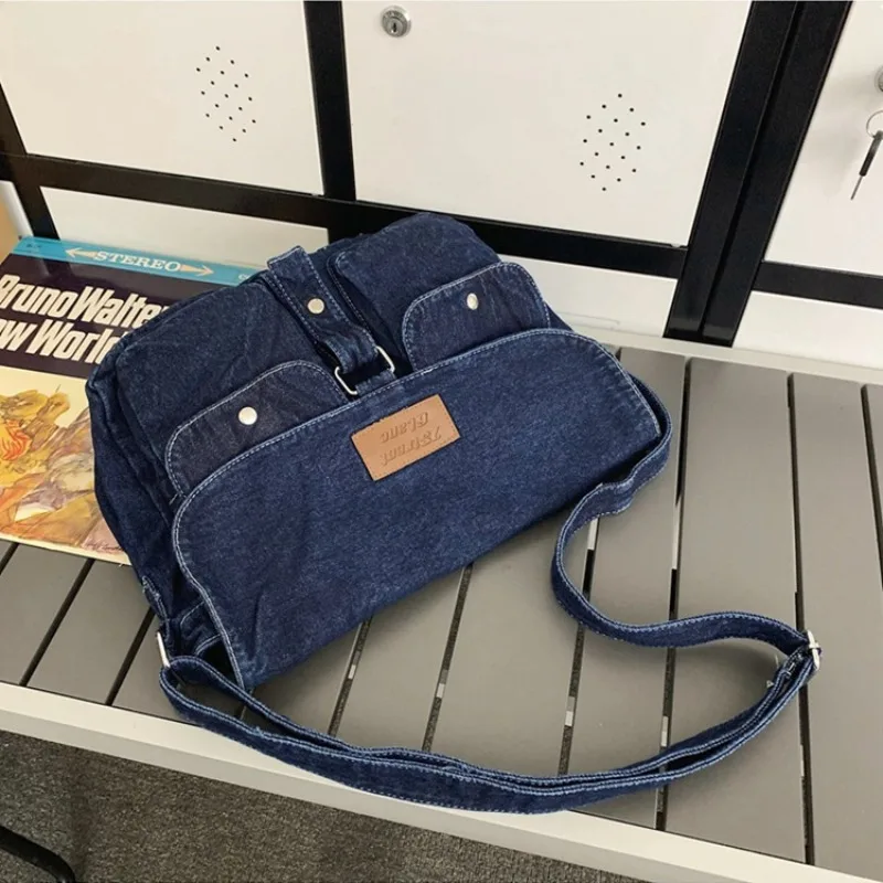 Xiuya Denim Vintage Shoulder Bags for Women Japanese Fashion College Style Mens Messenger Bag Multi-functional Designer Handbag