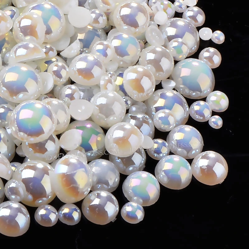 Bulk Wholesale White AB Ivory Beads 2-10mm Imitation Half Round Pearls Flat Back ABS Plastic Glitters DIY Nail Art