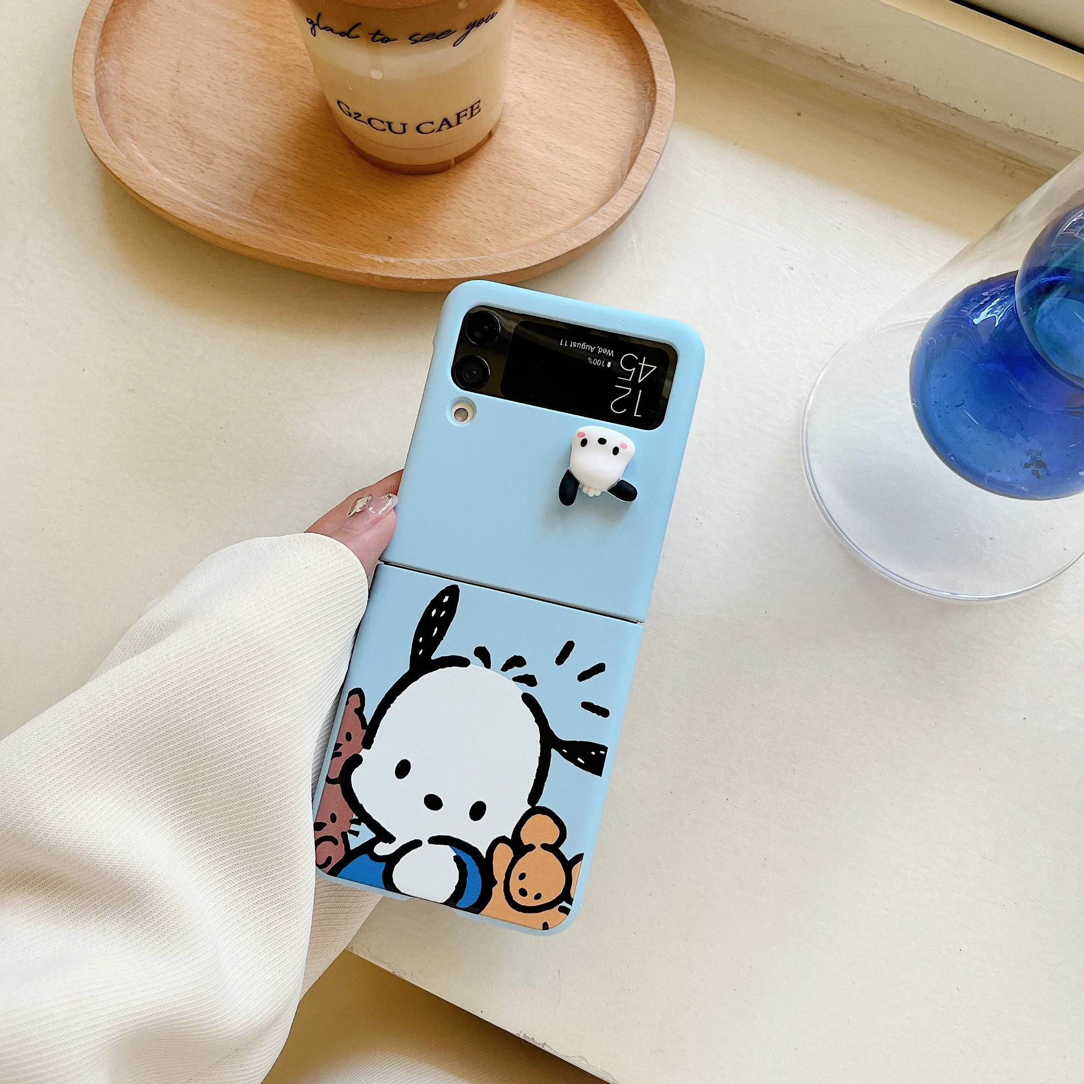 Cartoon Sanrio Pochacco Hard PC Full Protection Phone Case For Samsung Galaxy Z Flip 3 Flip 4 5 ShockProof Cover With 3D pendant