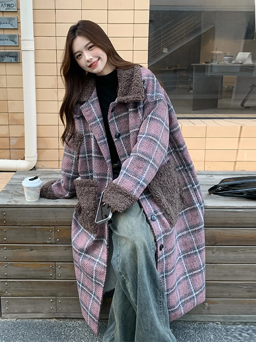 

Lamb Fur Spliced Purple Plaid Woolen Coat Women's Mid-Length Thickened Autumn Winter High-End Cotton Blend Tweed Coat