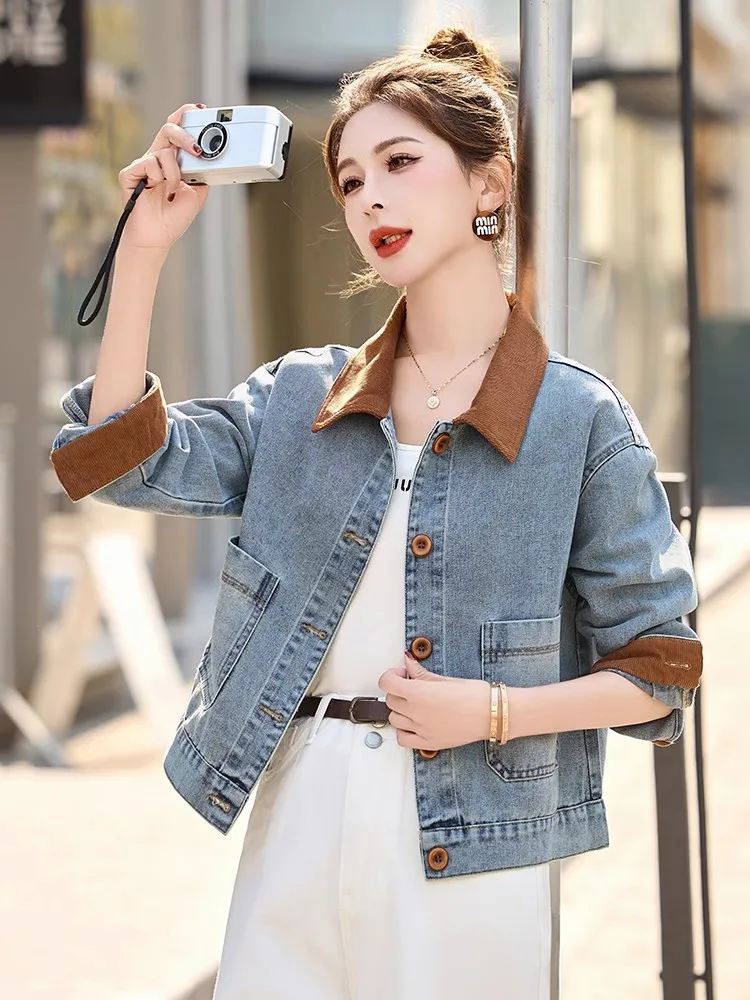 

Contrast Color Short Denim Jacket For Women Retro Blue Turn Down Collar Single Breasted Jean Coat Spring Autumn Casual Outerwear