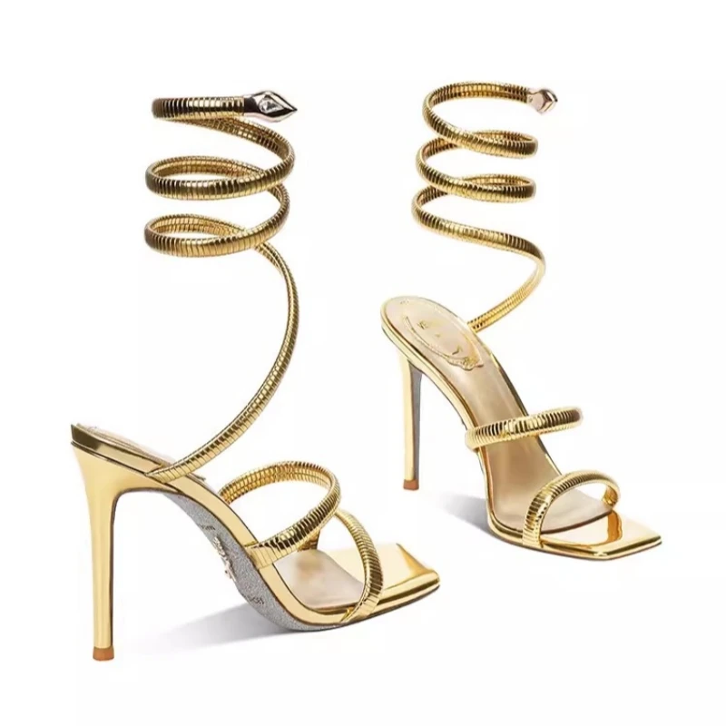 

Summer New Snake Wrapped Square Headed Strap Sexy Sandals with Thin High Heels Banquet Dress Versatile Small Size Women's Shoes