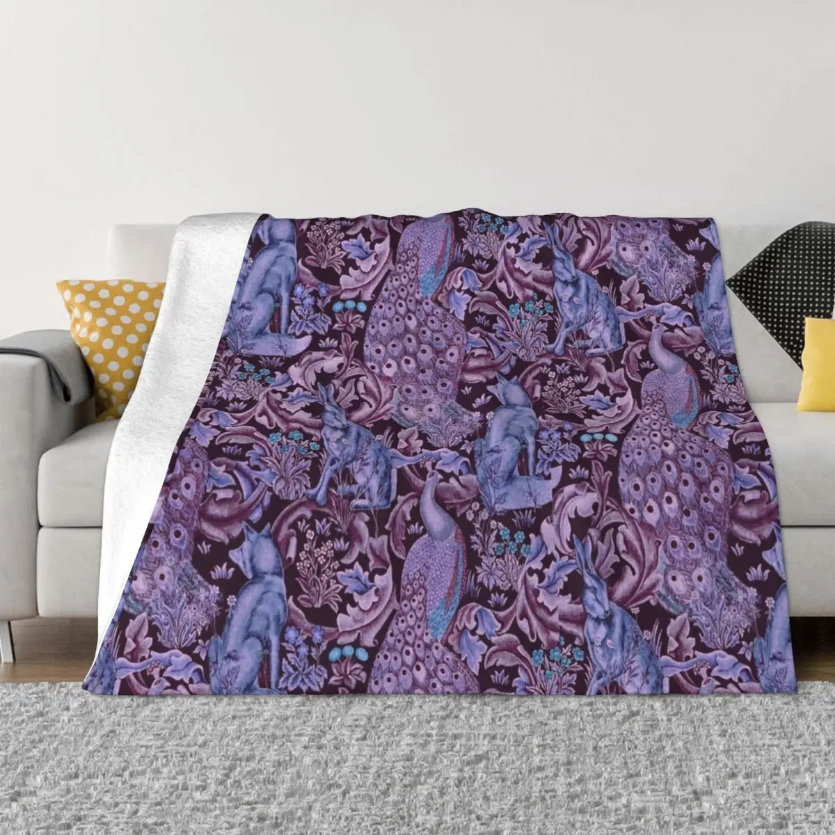 

FOREST ANIMALS ,PEACOCKS, FOX AND HARE IN BLUE PURPLE LEAVES FLORAL PATTERN Throw Blanket anime Summer Bedding Blankets